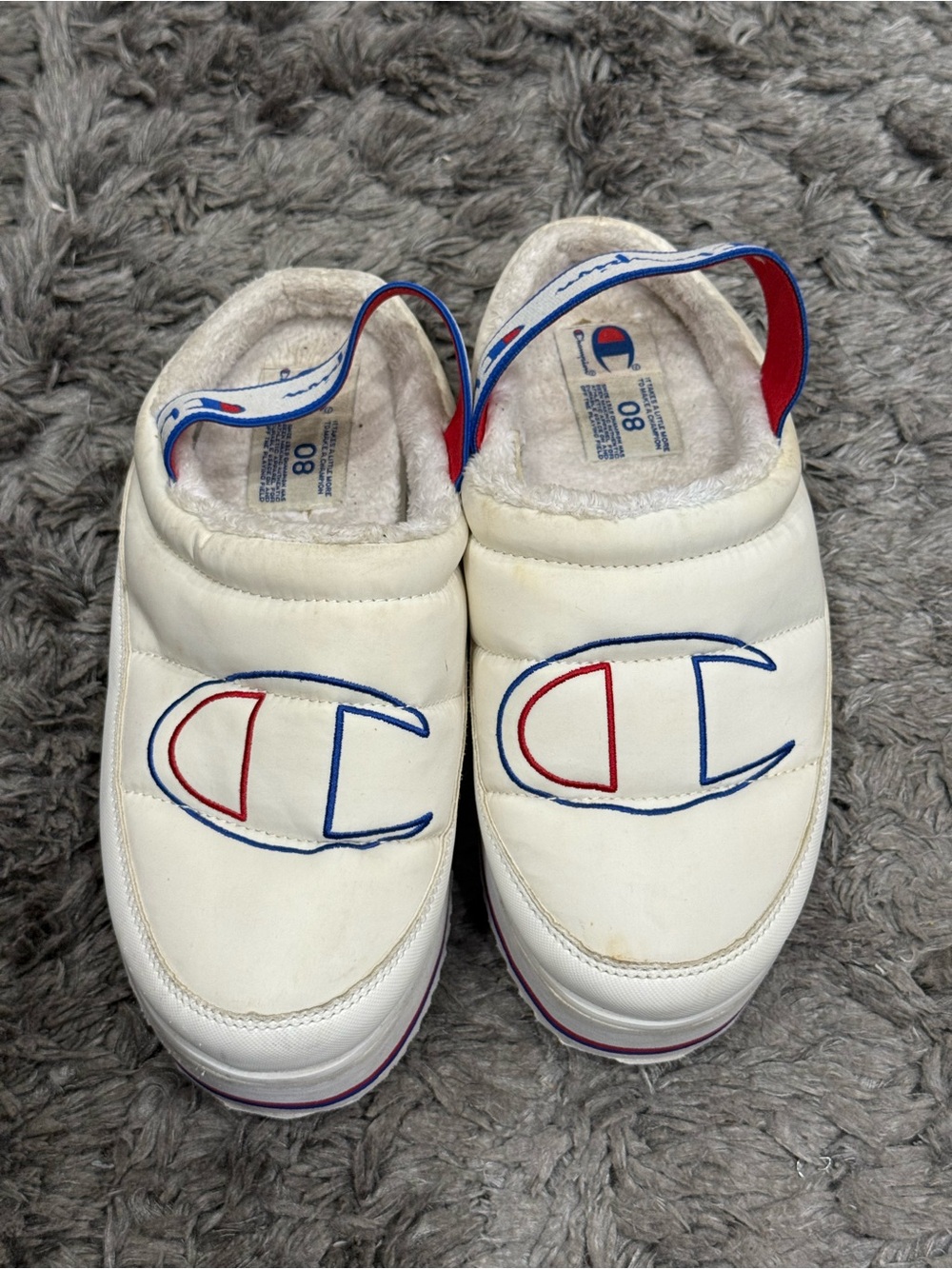 Champion White Mules with Red and Blue Accents